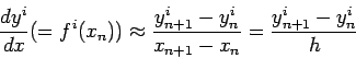 \begin{displaymath}
\frac{d y^i}{d x} (= f^i (x_n))\approx \frac{y^i_{n+1}-y^i_{n}}{x_{n+1} - x_{n}}
= \frac{y^i_{n+1}-y^i_{n}}{h}
\end{displaymath}