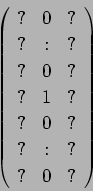 \begin{displaymath}
\left(
\begin{array}{ccc}
? & 0 & ? \\
? & : & ? \\
? & 0 ...
...
? & 0 & ? \\
? & : & ? \\
? & 0 & ? \\
\end{array}\right)
\end{displaymath}